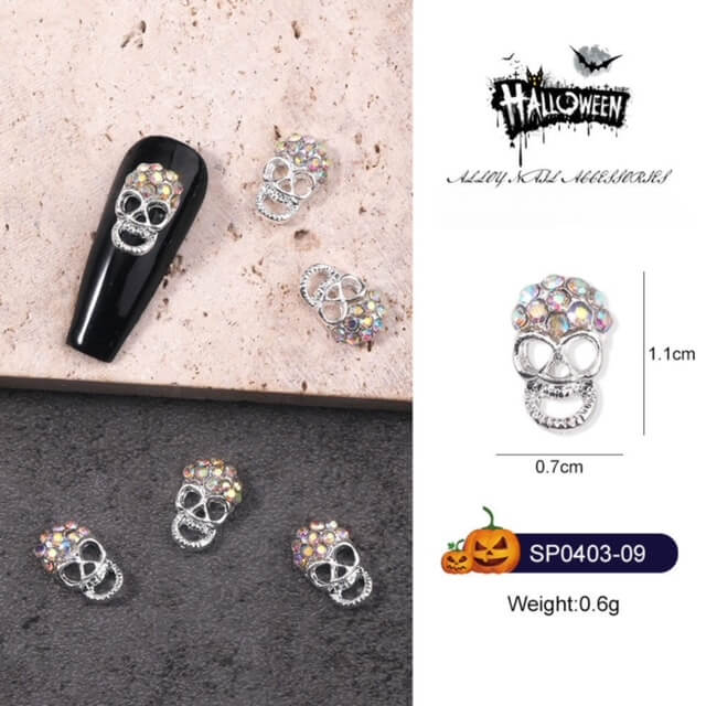 Nail Charm Halloween Skull Diamond Silver 10pcs/Bag - Premier Nail Supply