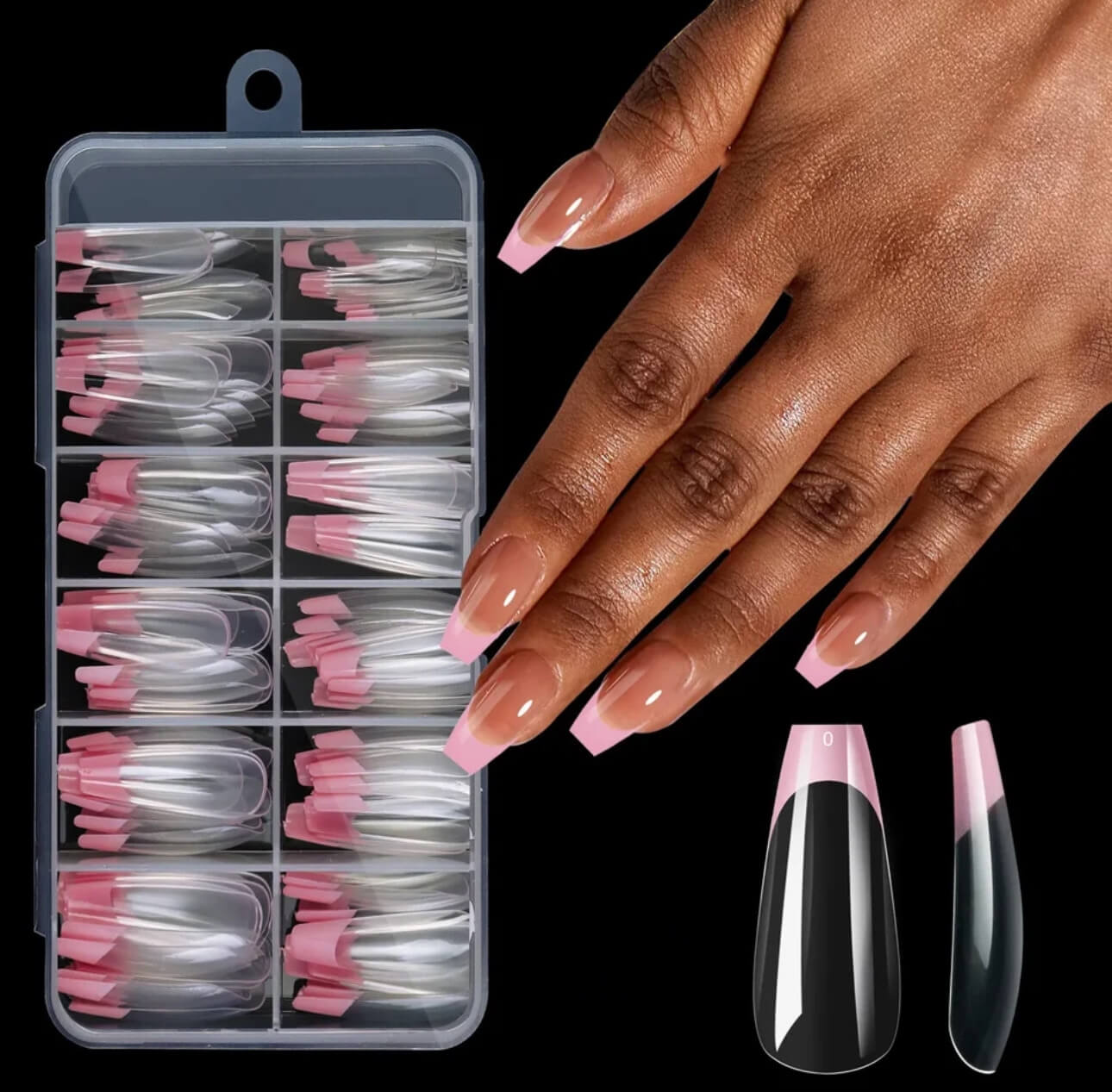 Nail Tip Press on Pink French Coffin Long #6282