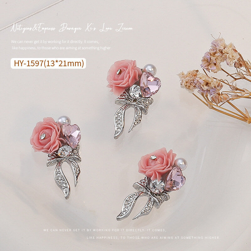 Nail Charm Pink Rose with Bow Rhinestone 2pcs/Bag -HY1597 - Premier Nail Supply