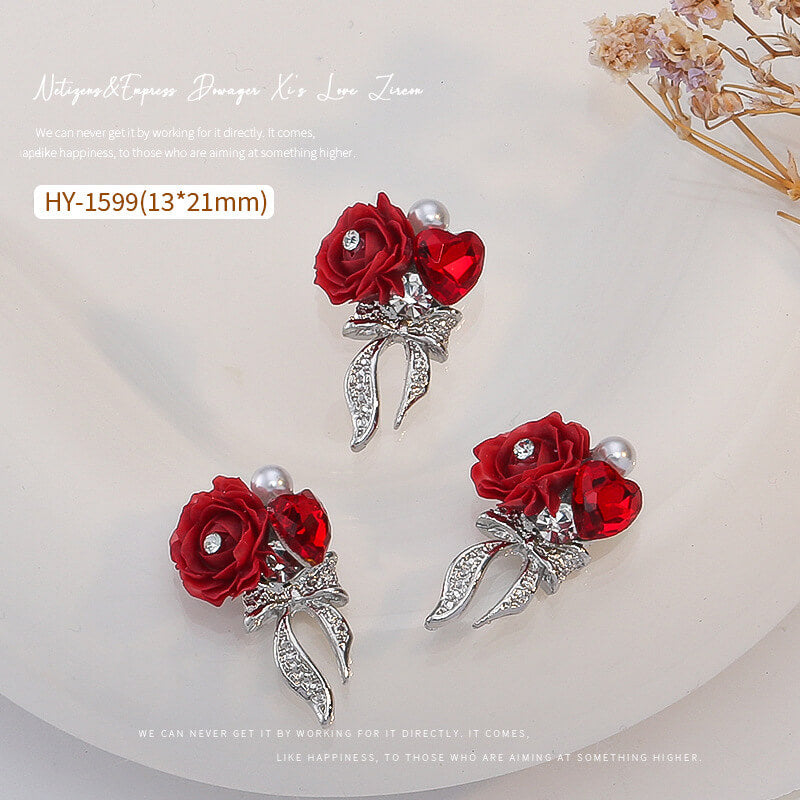 Nail Charm Red Rose with Bow Rhinestone 2pcs/Bag -HY1599 - Premier Nail Supply