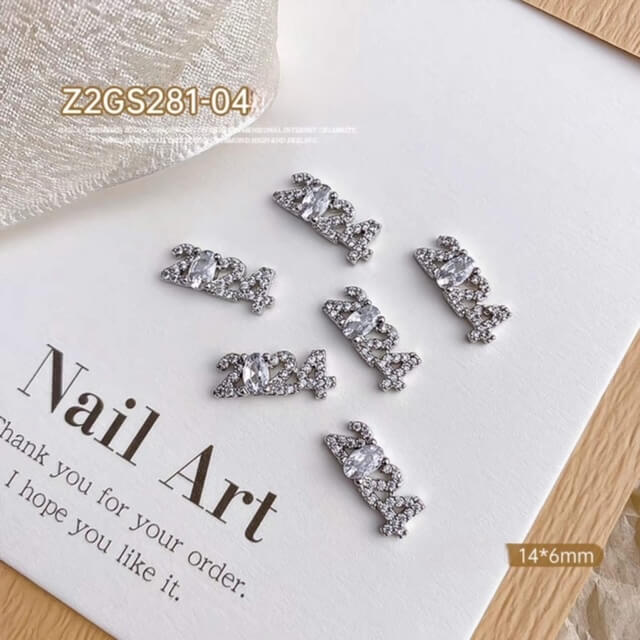 Nail Charm Art 3D Silver Number 2024 Rhinestone 5pcs/bag - Premier Nail Supply