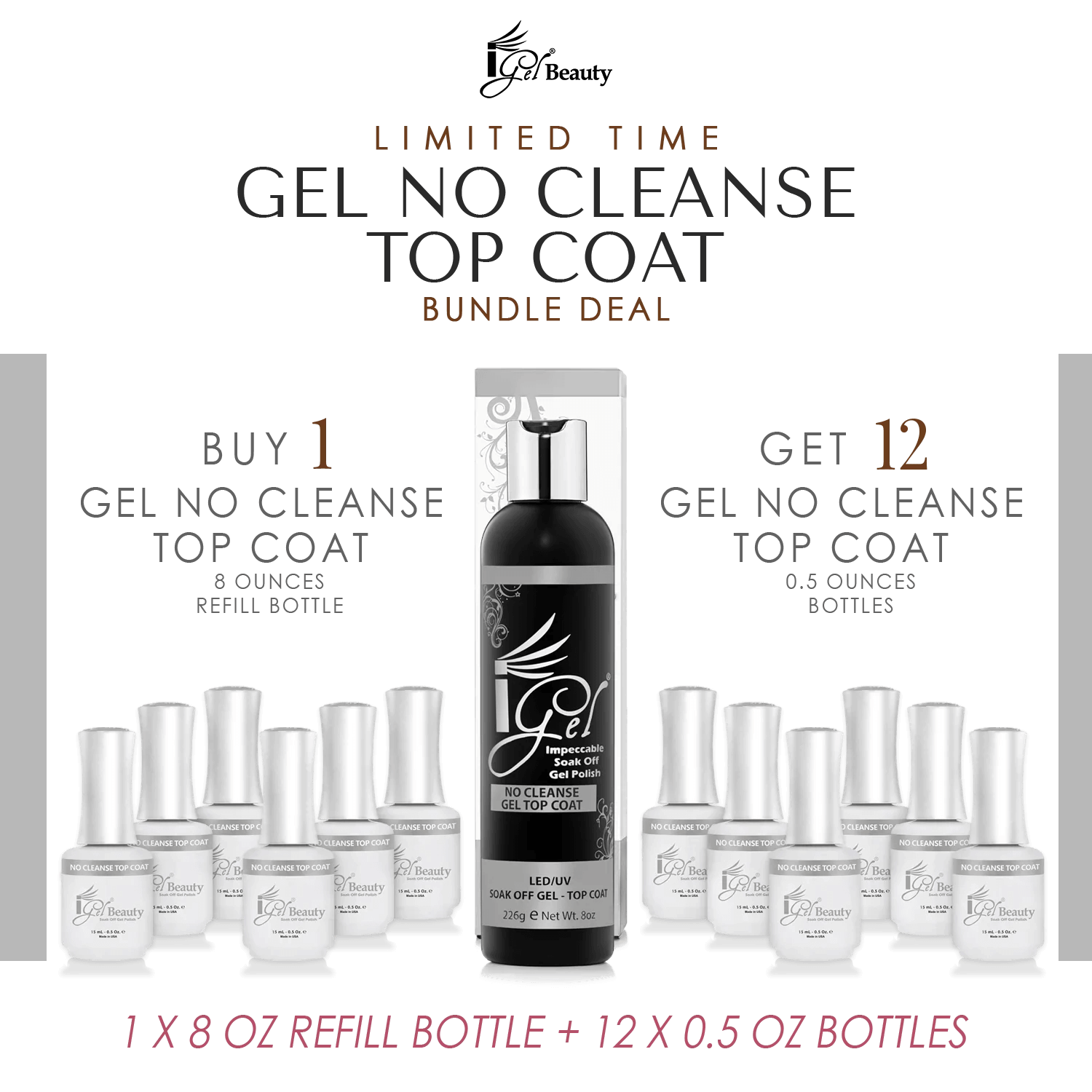 IGEL Gel Topcoat No Cleanse Refill 8 oz & 12 Bottle 0.5 oz - Premier Nail Supply