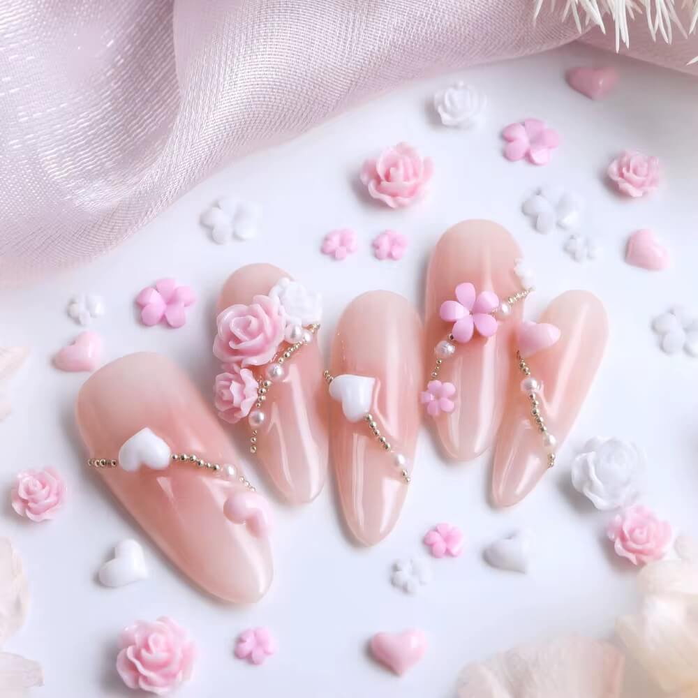Nail Charm Pink Heart Design with Rose Flowers