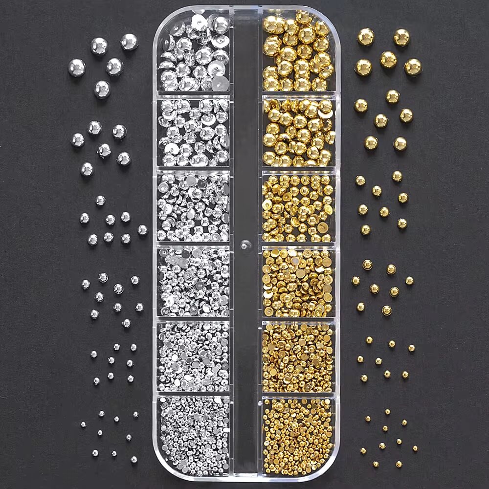 Nail Art Flatback AB Gold and Silver Pearl 12grits Box