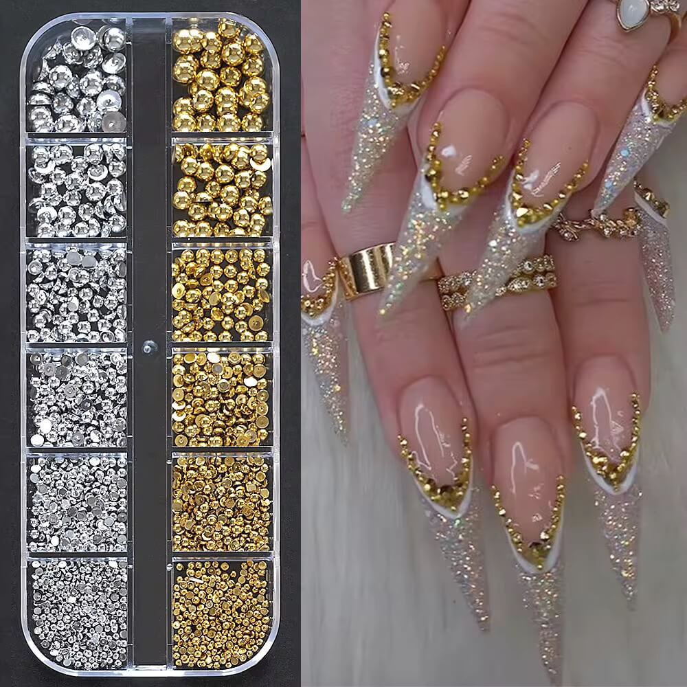 Nail Art Flatback AB Gold and Silver Pearl 12grits Box