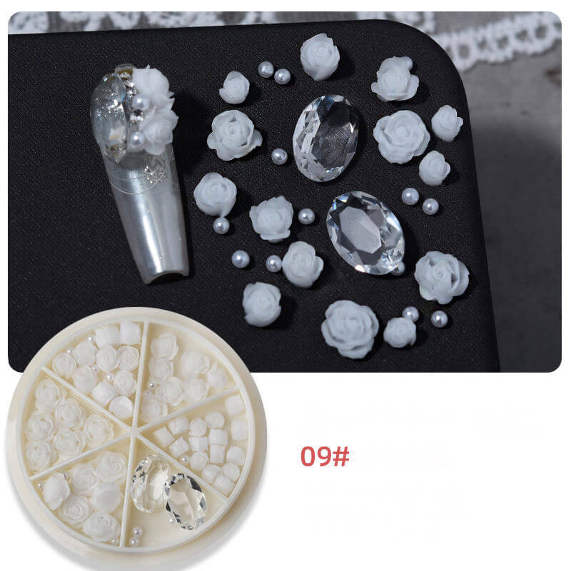 Nail Charm 3D Rose Flower with Pearl and Oval Rhinestone - Premier Nail Supply