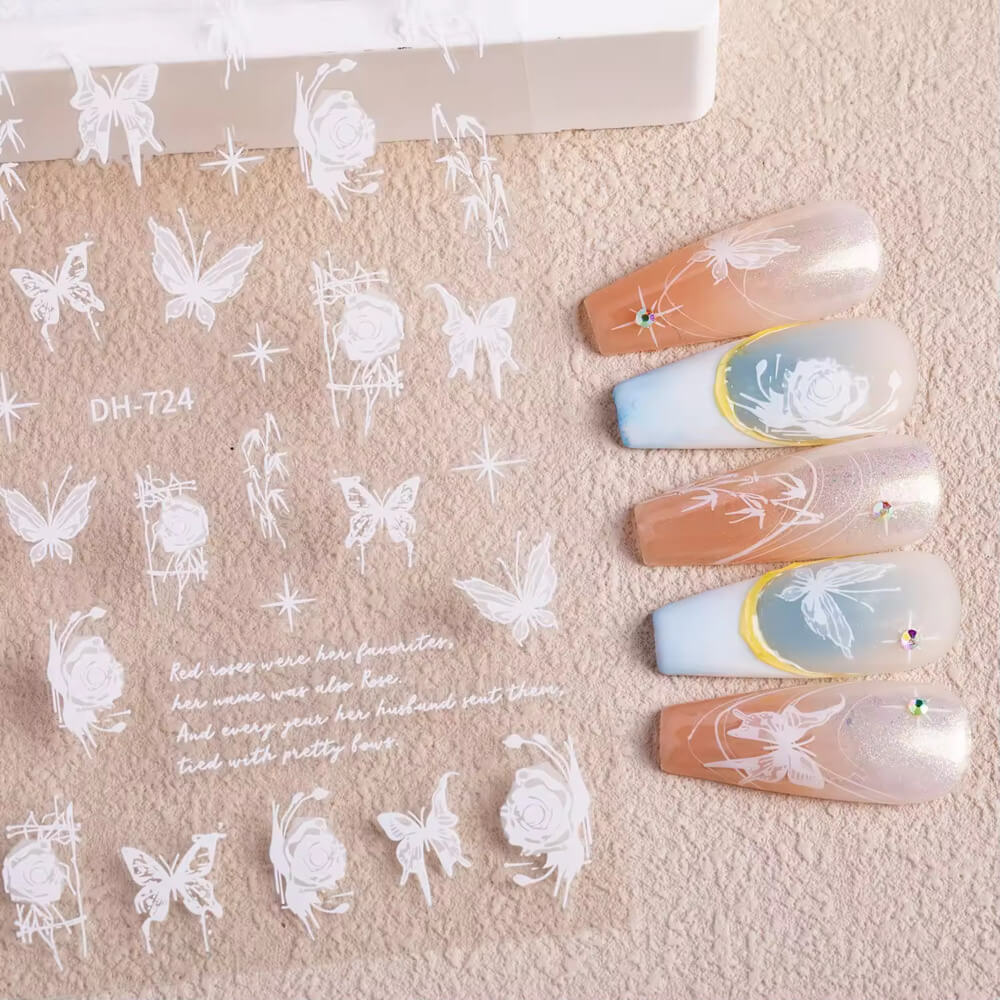 Nail Sticker White Rose with Butterfly #DH724