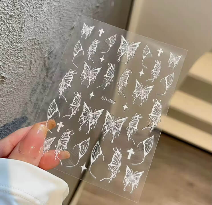 Nail Sticker White Butterfly with Star Cross #DH488