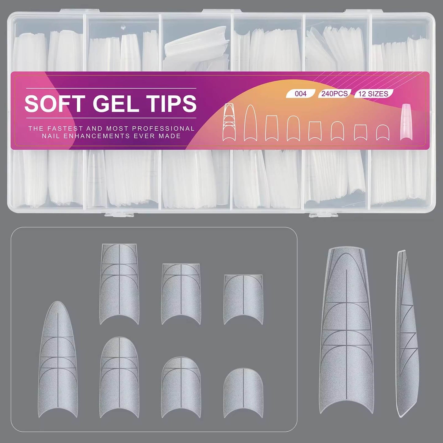 Nail Tip Extensions Extra Long Coffin with Auxiliary Positioning Line 240pcs - 12sizes