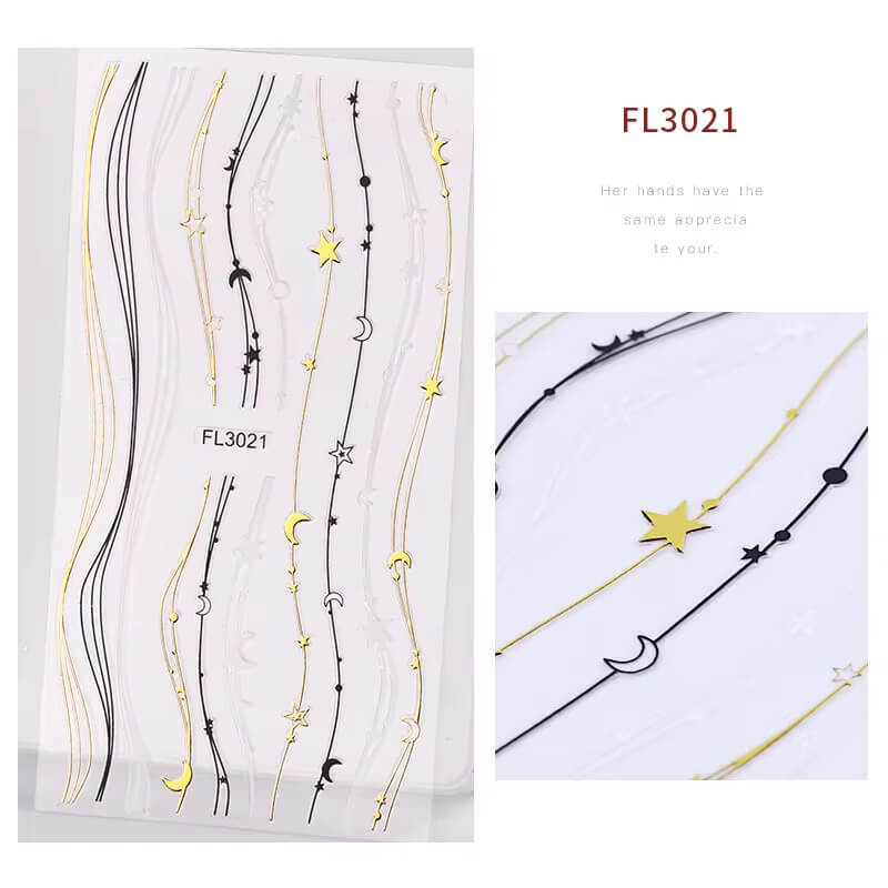 Nail Sticker Line Star Black,Gold,White #FL3021