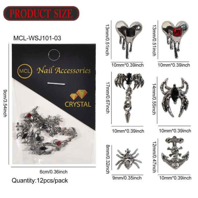 Nail Charm Halloween Black Spider - Heart - Arrow Rhinestone 12pcs/Pack - Premier Nail Supply