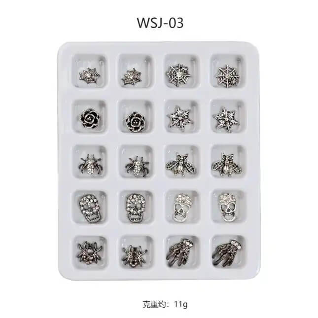 Nail Charm Halloween Silver Spider Webs - Skull 20pcs