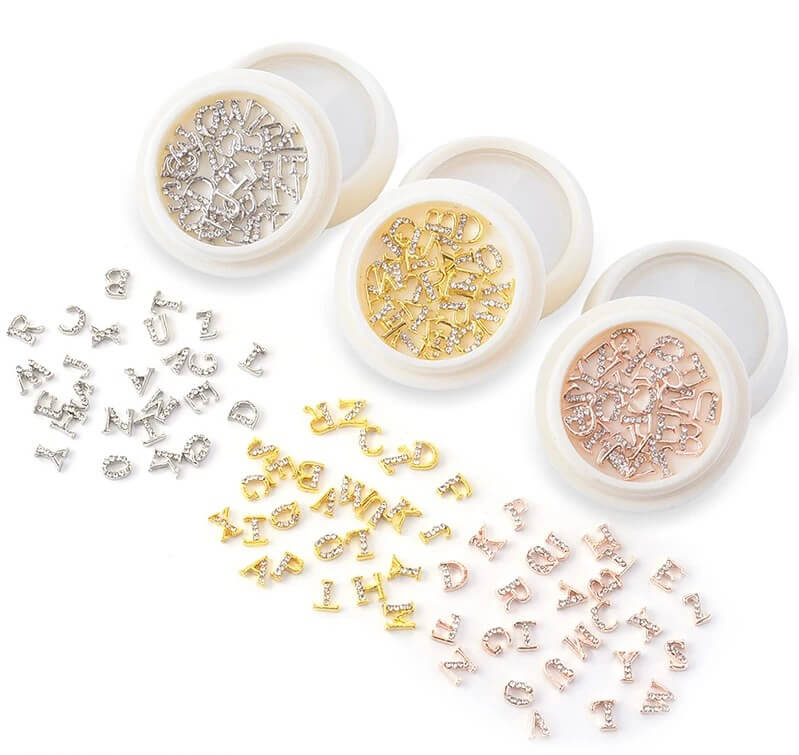 Nail Charm Letters Rhinestone Gold Silver Rosegold 26pcs/Jar - Premier Nail Supply