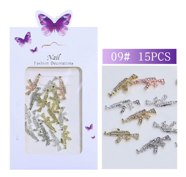 3D Rhinestone Nail Charm Gold Gun Design 15pcs/bag - Premier Nail Supply