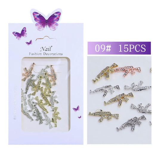 3D Rhinestone Nail Charm Gold Gun Design 15pcs/bag - Premier Nail Supply