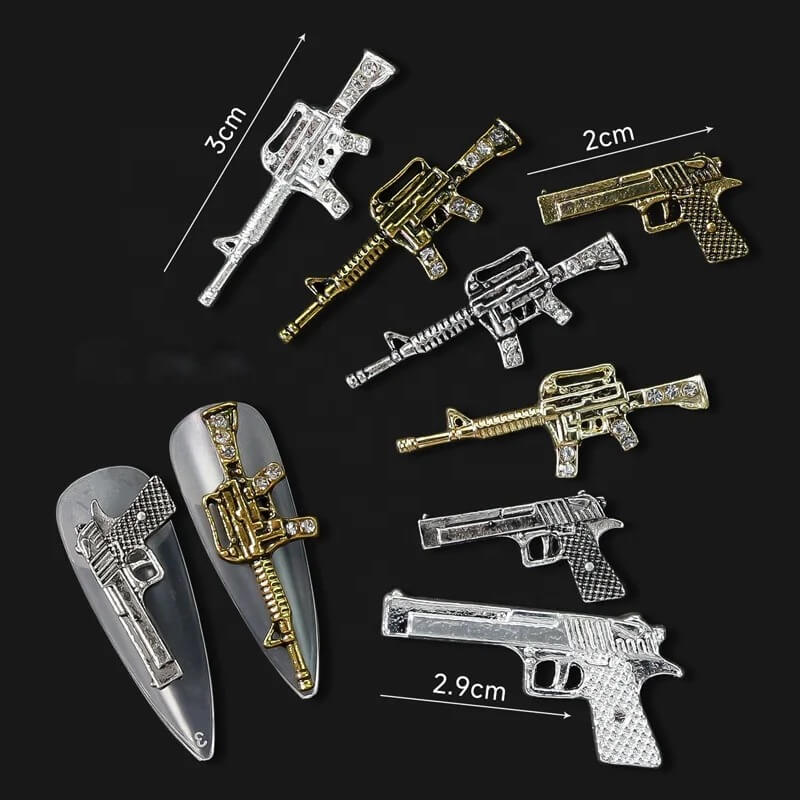 3D Nail Charm Rhinestone Gun Design Vintage Silver Gold 2pcs/bag - Premier Nail Supply