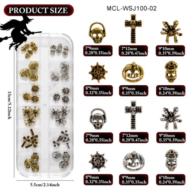 Nail Charm Halloween 3D Skeleton Pumpkin Cross Spider Web Vintage Silver Gold 36pcs/Box - Premier Nail Supply