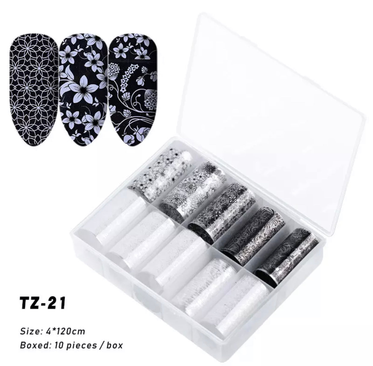 Transparent Black and White Flowers TZ-21 - Premier Nail Supply