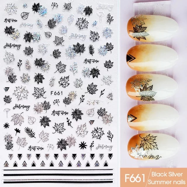 Autumn Leaves Black N Silver F661 - Premier Nail Supply
