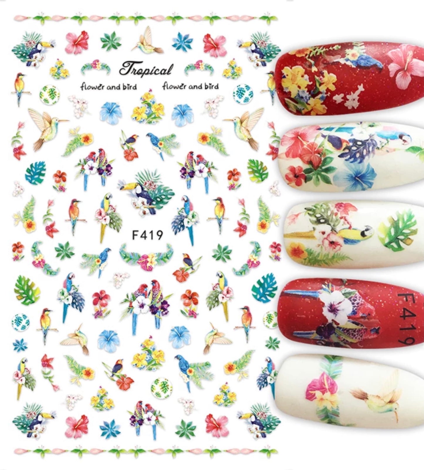 Tropical Flower And Birds-F419 - Premier Nail Supply
