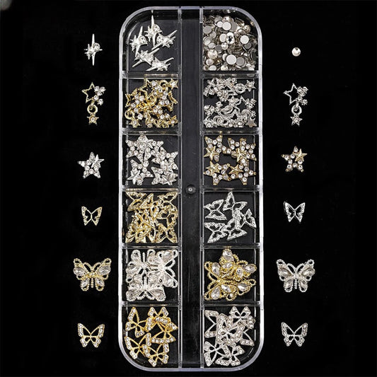 Nail Charm Butterfly Mix Gold - Silver Rhinestone 12Style/Box