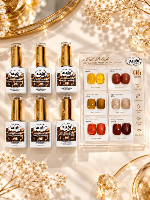Allo Brand Tortoiseshell Amber Gel Collection – TPO-Free & HEMA-Free | Set & Individual Colors