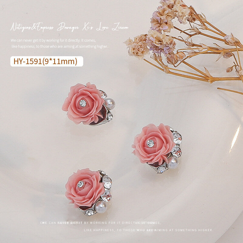 Nail Charm Pink Rose with Rhinestone 2pcs/Bag -HY1591 - Premier Nail Supply 