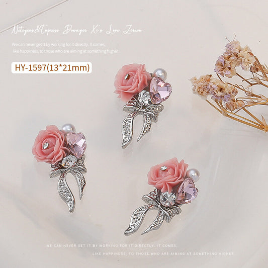 Nail Charm Pink Rose with Bow Rhinestone 2pcs/Bag -HY1597 - Premier Nail Supply 