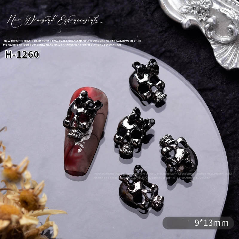 Nail Charm Halloween Skull Black with Diamond Bow 10pcs/Bag - Premier Nail Supply 