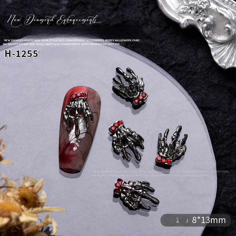 Nail Charm Halloween Skull Hand Black with Red Diamond 10pcs/Bag - Premier Nail Supply 