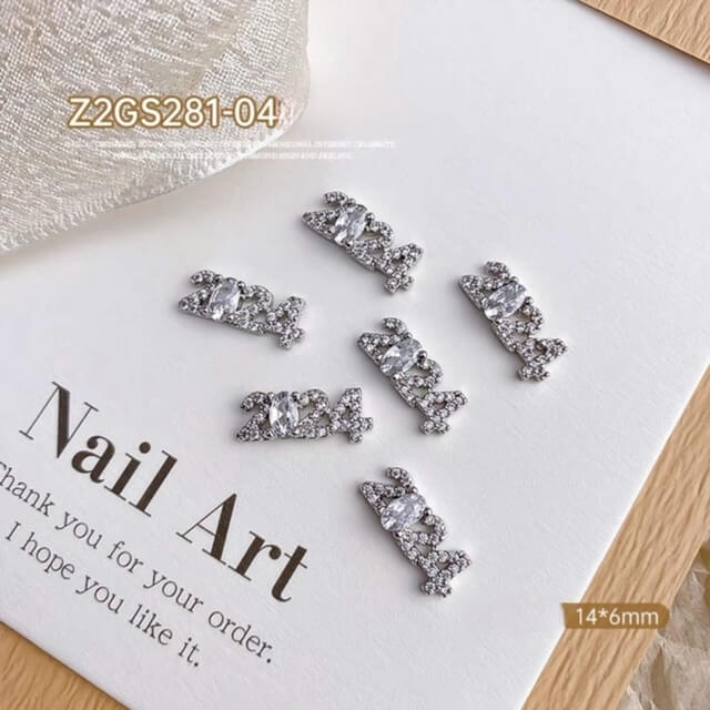 Nail Charm Art 3D Silver Number 2024 Rhinestone 5pcs/bag - Premier Nail Supply 