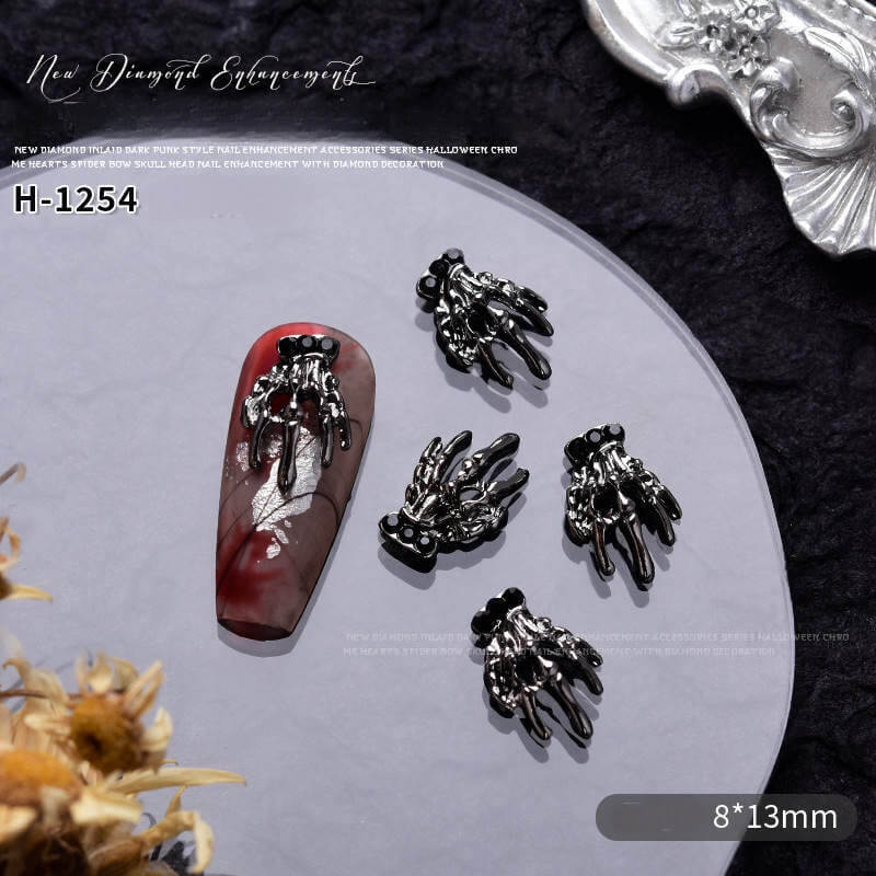 Nail Charm Halloween Skull Hand Sliver Black with Diamond 10pcs/Bag - Premier Nail Supply 