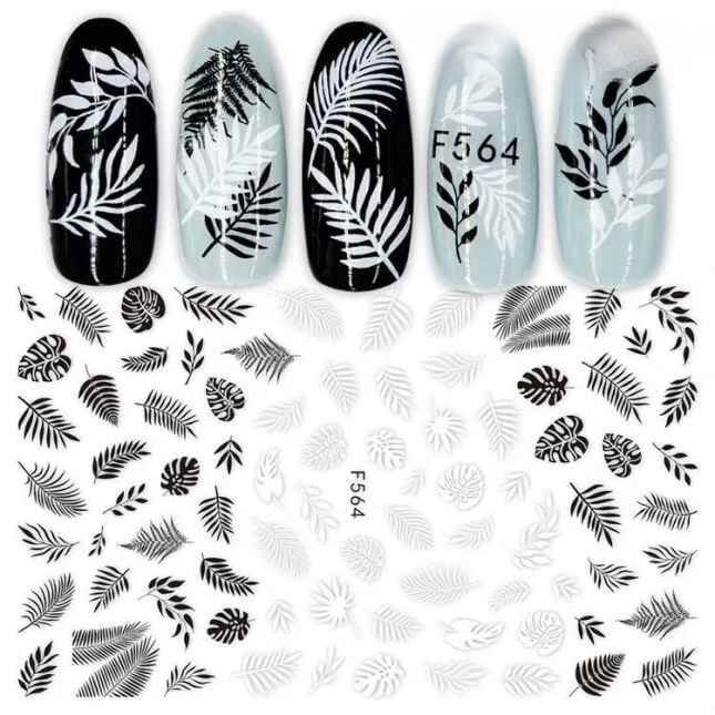 Nail Sticker Black and White Leave - F564