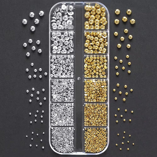 Nail Art Flatback AB Gold and Silver Pearl 12grits Box
