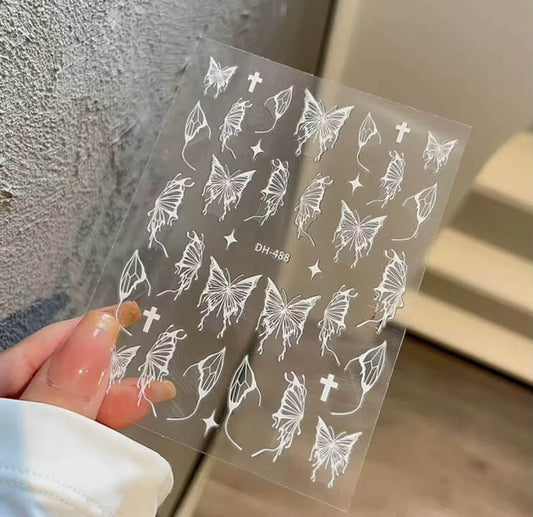 Nail Sticker White Butterfly with Star Cross #DH488