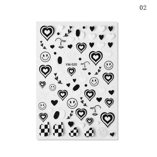 Nail Sticker Black and White Happy Face - Heart - YM520