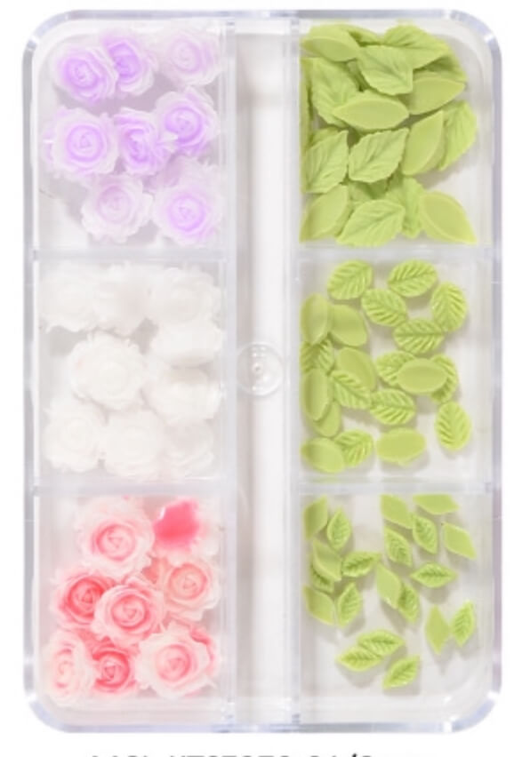 Nail Charm 3D Mix Rose and Green Leave 6 Design/Box