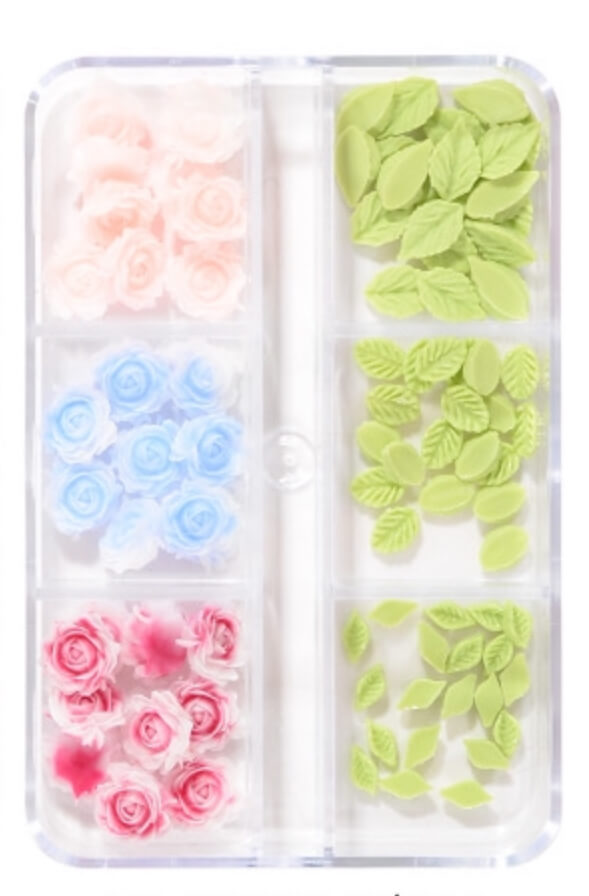 Nail Charm 3D Mix Rose and Green Leave 6 Design/Box