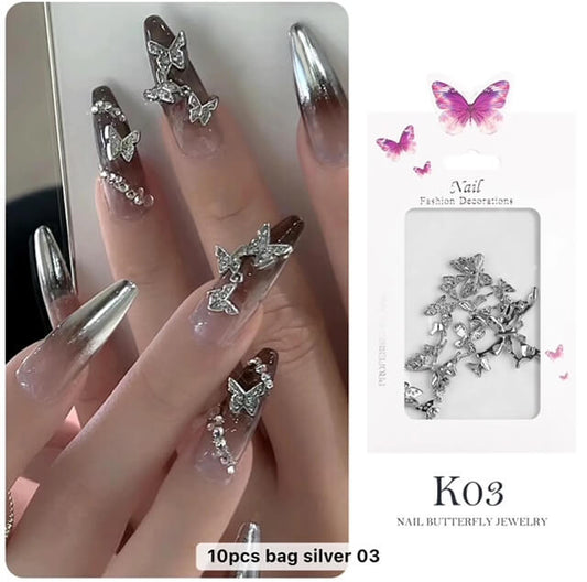 Nail Charm Silver Butterfly Mix Size 10pcs/Bag