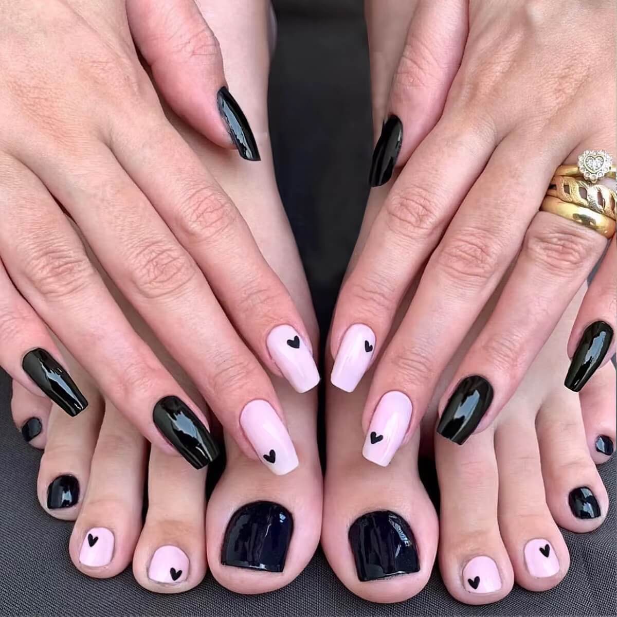 Press On Nail Black & Pink  Tip Square Hand and Toe Set #9338-12