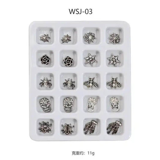 Nail Charm Halloween Silver Spider Webs - Skull 20pcs