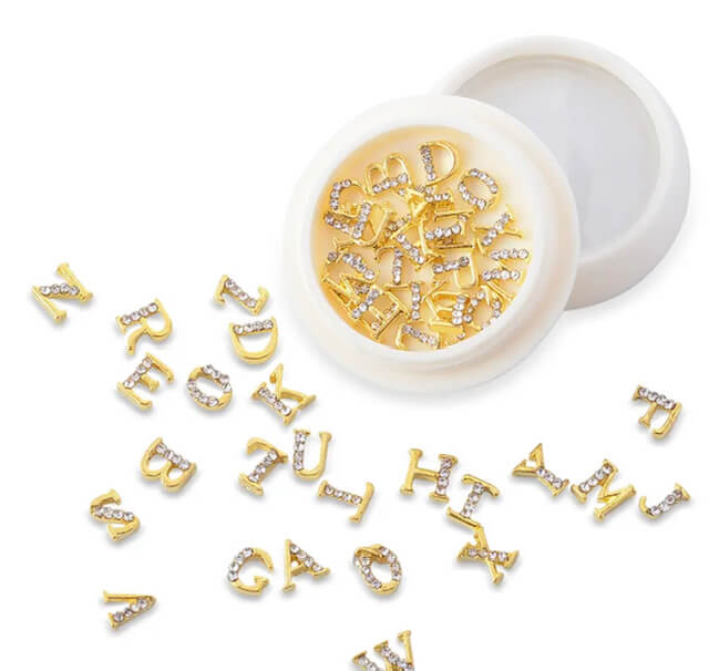 Nail Charm Letters Rhinestone Gold Silver Rosegold 26pcs/Jar - Premier Nail Supply 