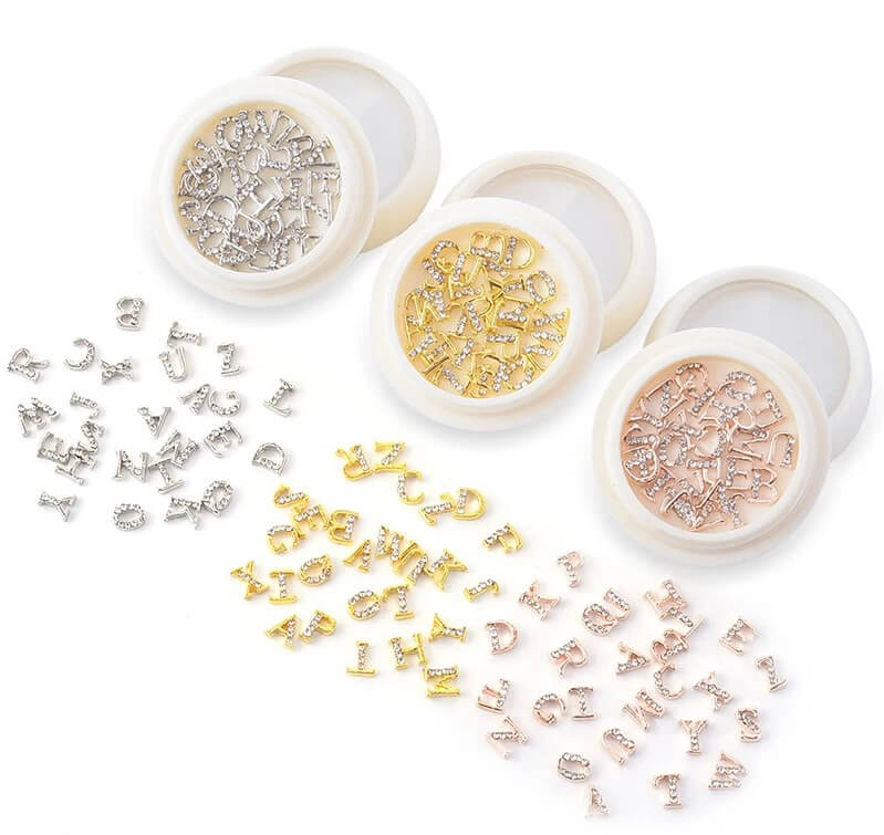 Nail Charm Letters Rhinestone Gold Silver Rosegold 26pcs/Jar - Premier Nail Supply 