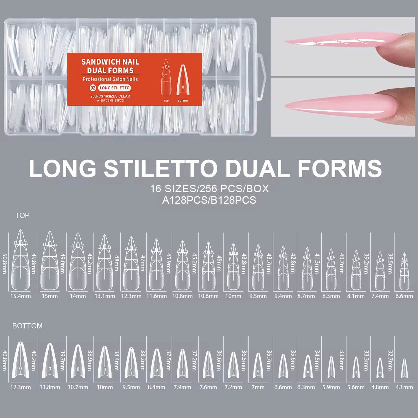 Nail Tip Extensions - Long Stiletto Dual Nail Forms 256pcs #2/7499-12
