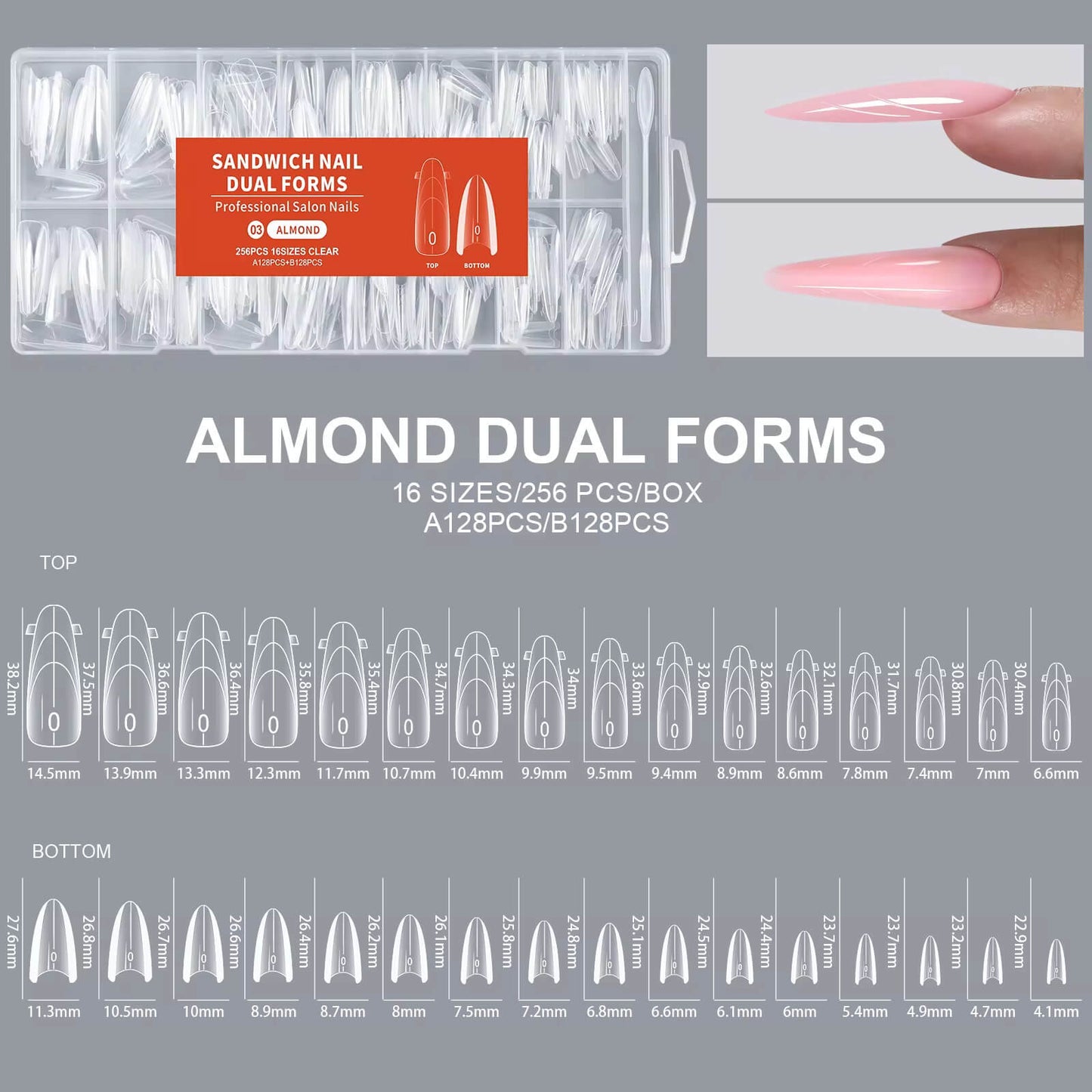 Nail Tip Extensions Almond Dual Nail Forms 256pcs-16sizes #3/9674-12