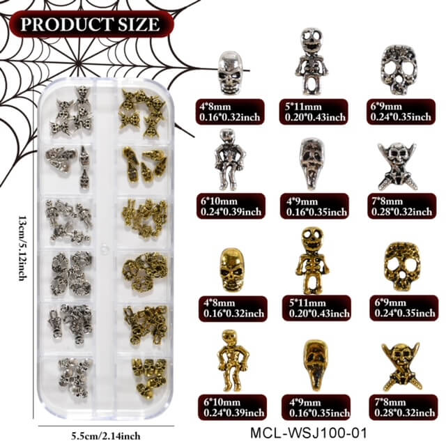 Nail Charm Halloween 3D Skeleton Vintage Silver Gold 60pcs/Box - Premier Nail Supply 