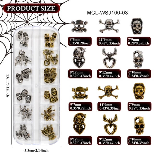 Nail Charm Halloween 3D Skeleton Spider  Vintage Silver Gold 36pcs/Box - Premier Nail Supply 