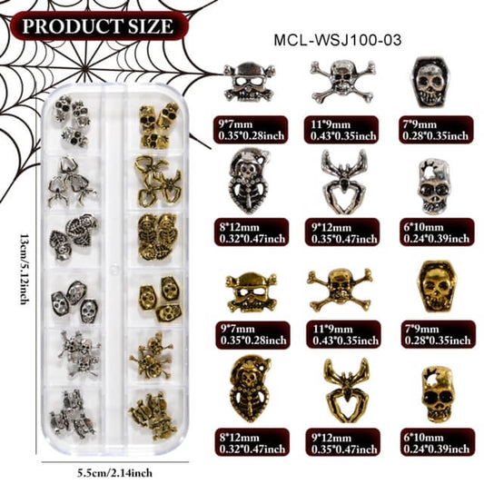 Nail Charm Halloween 3D Skeleton Spider  Vintage Silver Gold 36pcs/Box - Premier Nail Supply 