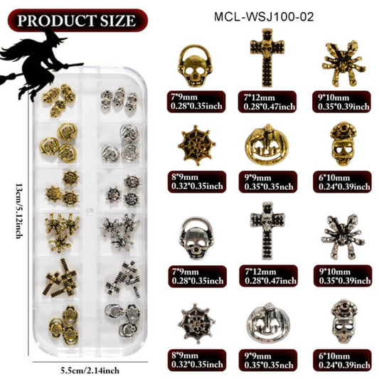 Nail Charm Halloween 3D Skeleton Pumpkin Cross Spider Web Vintage Silver Gold 36pcs/Box - Premier Nail Supply 