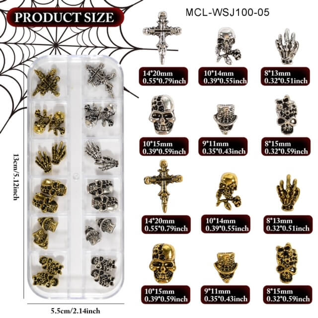 Nail Charm Halloween 3D Skeleton Face Cross Vintage Silver Gold 24pcs/Box - Premier Nail Supply 